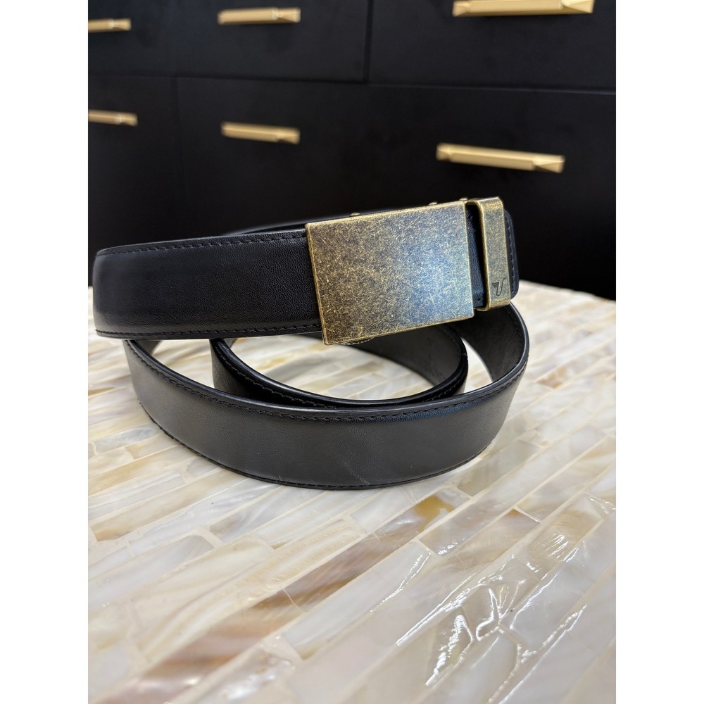 Mission Belt Mens Black Leather Ratchet Belt Antique Brass Buckle 40mm Size 40 - Picture 7 of 7